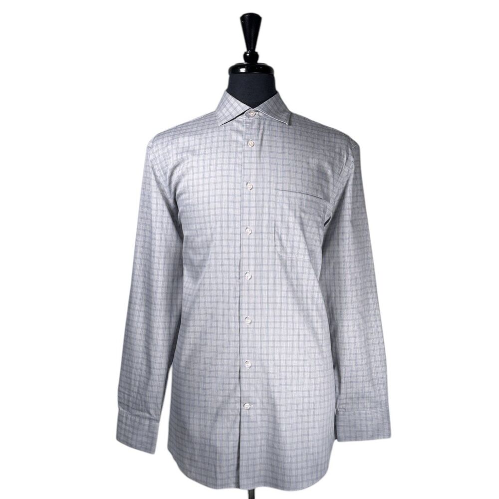 Charles Tyrwhitt Mens 17.5 36 Slim Non Iron Dress Shirt Gray Blue Check Cotton